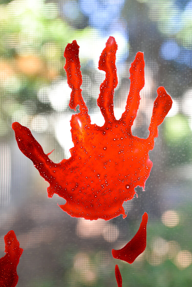 Close up of a bloody handprint on a window