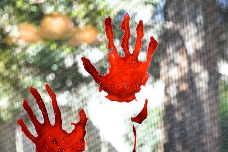 Bloody handprints on a window
