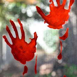 Bloody handprints on a window