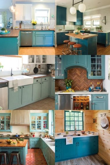 Several pictures of kitchen designs with teal colors