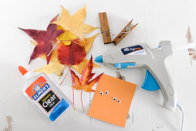 Elmer\'s clear glue, googly eyes, clothespins, leaves from a tree and a glue gun all sitting on a table