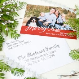 A Christmas card and an addressed envelope sitting next to some holiday greenery on a table