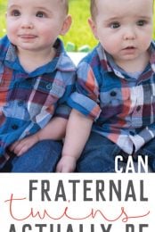 Two adorable little boys sitting outside, dressed in blue jeans and plaid shirts with a question being asked:  "Can Fraternal Actually Be Identical?" by HEYLETSMAKESTUFF.COM