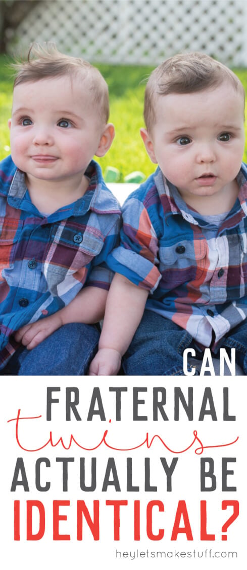Two adorable little boys sitting outside, dressed in blue jeans and plaid shirts with a question being asked:  \"Can Fraternal Actually Be Identical?\" by HEYLETSMAKESTUFF.COM