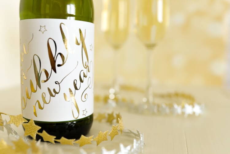 A champagne bottle decked with these cute foiled labels is the perfect hostess gift to bring to a New Year's Eve party! 