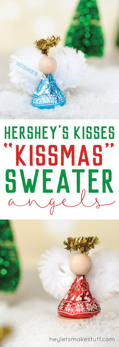 Red and blue wrapped Hershey\'s kisses decorated to look like angels using a wooden bead and white and gold chenille stems with advertising for Hershey\'s Kisses Kissmas Sweater Angels by HEYLETSMAKESTUFF.COM