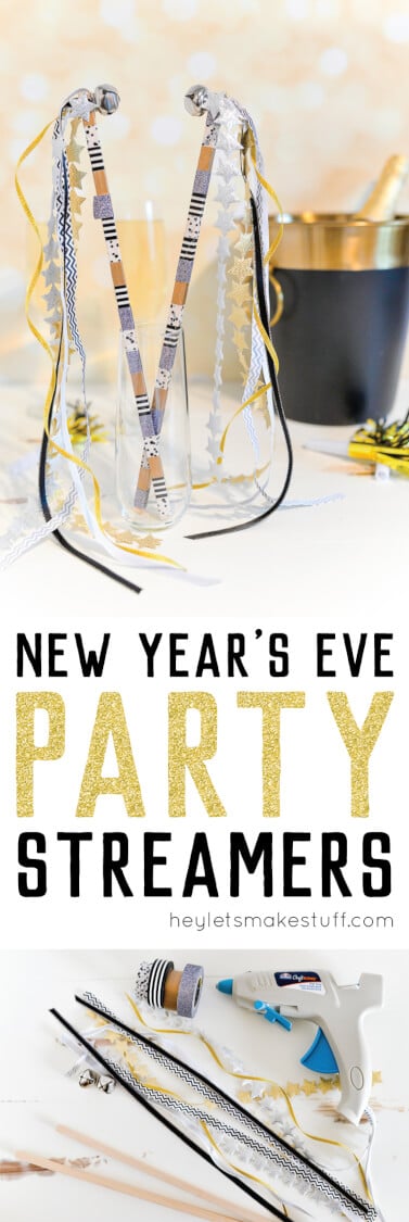 Two champagne flutes, a bottle of champagne in an ice bucket and two party streamers with bells on them, all sitting on a table with advertising for New Year\'s Eve party streamers from HEYLETSMAKESTUFF.COM