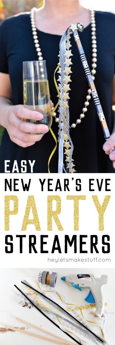 A person wearing a dark navy-blue dress and a string of pearls and holding a flute of champagne and a party streamer with bells with advertising for easy New Year\'s Eve party streamers by HEYLETSMAKESTUFF.COM