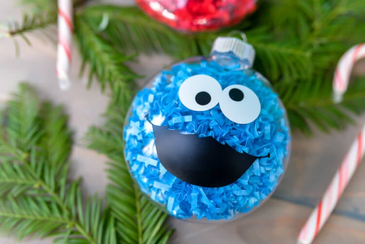 A close up of an ornament of Cookie Monster