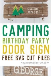 A close up of a sign on a door, and the sign says, "Camp George Come on In!" with advertising for free SVG cut files for a camping birthday party door sign from HEYLETSMAKESTUFF.COM