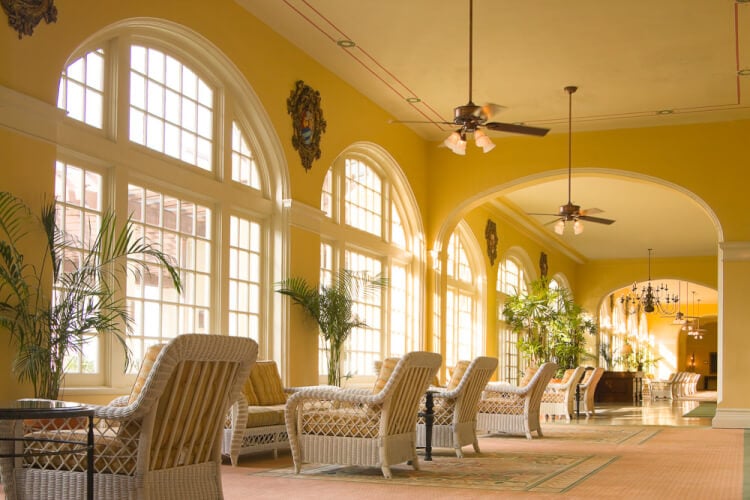 A lounge area in a hotel or restaurant