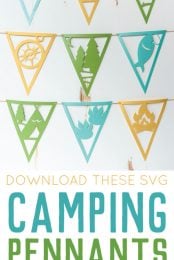Image of several camping pennants with advertising to download these SVG camping pennants for your Cricut by HEYLETSMAKESTUFF.COM