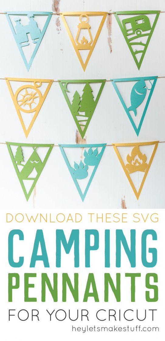 Image of several camping pennants with advertising to download these SVG camping pennants for your Cricut by HEYLETSMAKESTUFF.COM