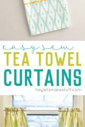 Close up of a window above a kitchen sink with advertising for easy-sew tea towel curtains by HEYLETSMAKESTUFF.COM