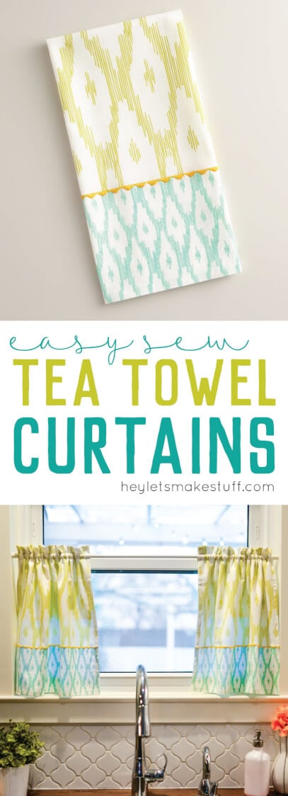 Close up of a window above a kitchen sink with advertising for easy-sew tea towel curtains by HEYLETSMAKESTUFF.COM