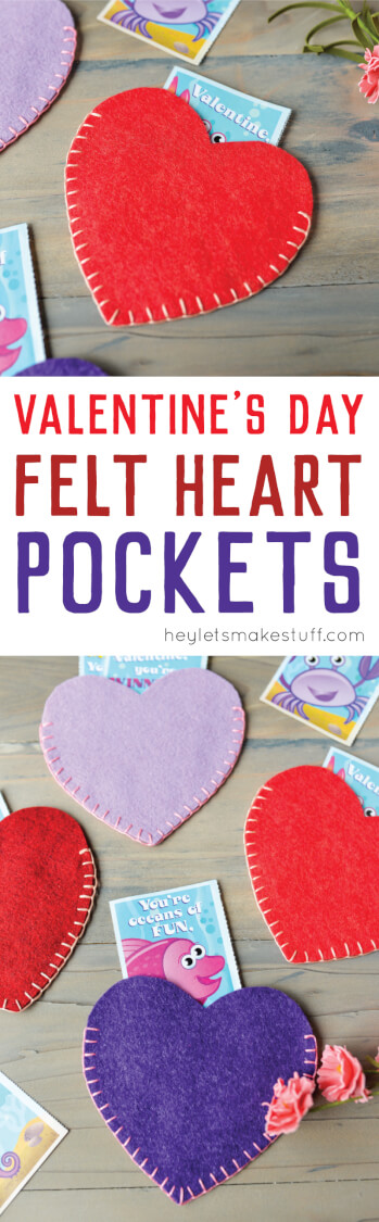 Hearts cut out of felt with Valentine card stuck in each and advertising for Valentine\'s Day felt heart pockets from HEYLETSMAKESTUFF.COM