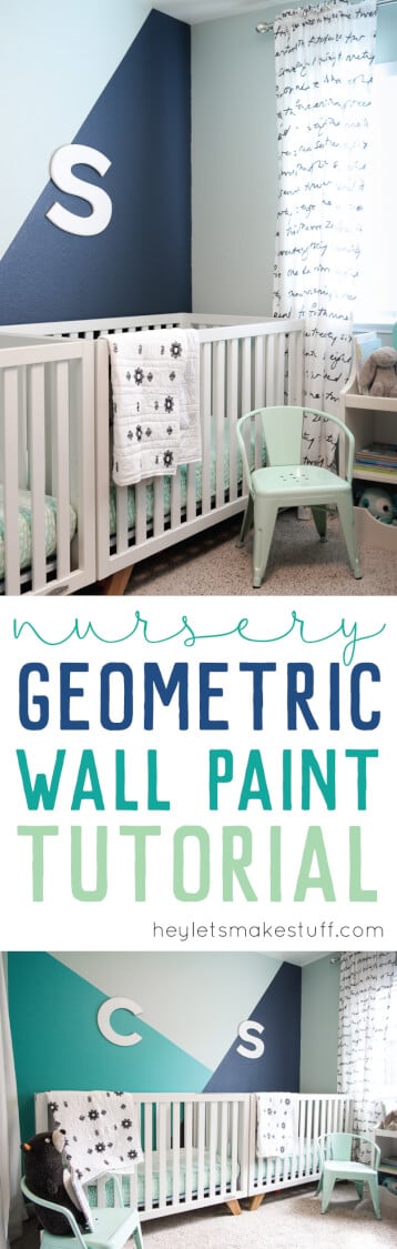 Pictures of a nursey with advertising from HEYLETSMAKESTUFF.COM for a nursery geometric wall paint tutorial