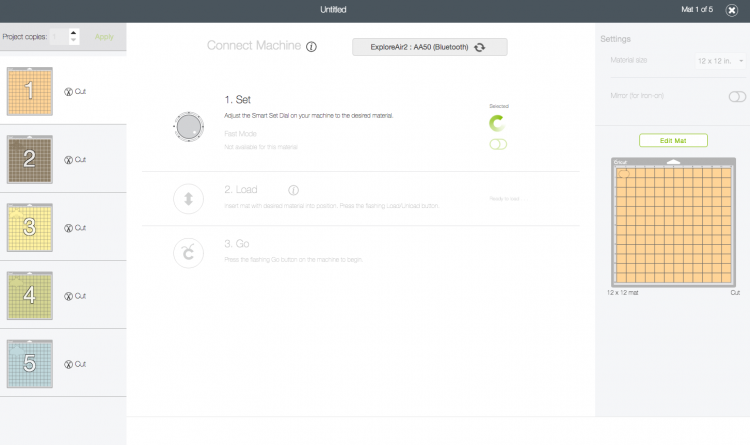 Screenshot of Make It mode in Cricut Design Space displaying all of the mats being used for a project