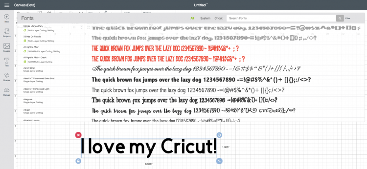 Screenshot in Cricut Design Space in Font mode