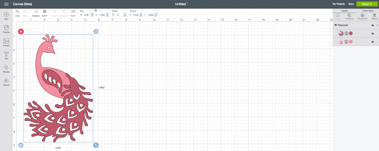 Image of a peacock design in Cricut Design Space
