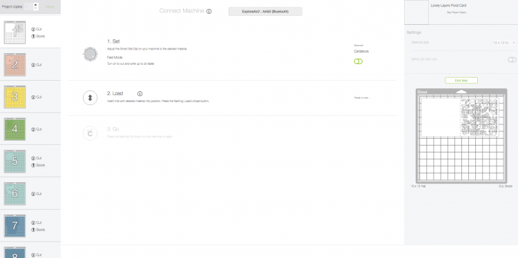 Screenshot in the Cricut Design Space \"Make It\" mode that shows all of the cuts that will be made on each mat