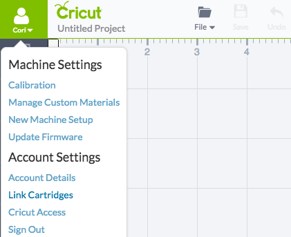 Drop down list on Cricut Design Space for machine and account settings