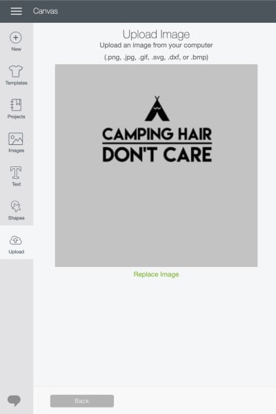 Image in Cricut Design Space of a tent and the text, "Camping Hair Don't Care"