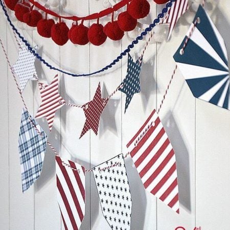 A printable patriotic banner in red, white and blue patterns