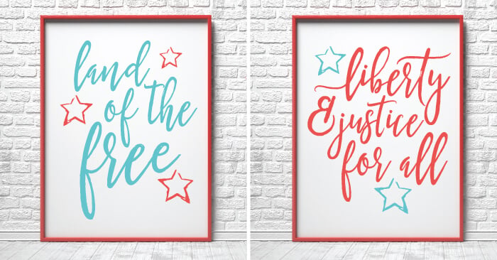 Two red framed pictures hanging on a white brick wall, each one decorated in a patriotic theme, with one saying, \"Land of the Free\" and the other one saying, \"Liberty and Justice for All\"