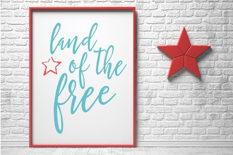 A red framed picture and a red star hanging on a white brick wall, and the picture is decorated in a patriotic theme, and says, \"Land of the Free\"