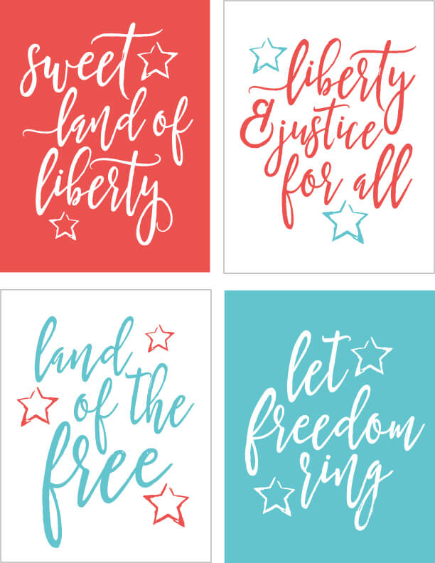 Four patriotic themed quotes that say, \"Sweet Land of Liberty\", \"Liberty & Justice for All\", \"Land of the Free\" and \"Let Freedonn Ring\"