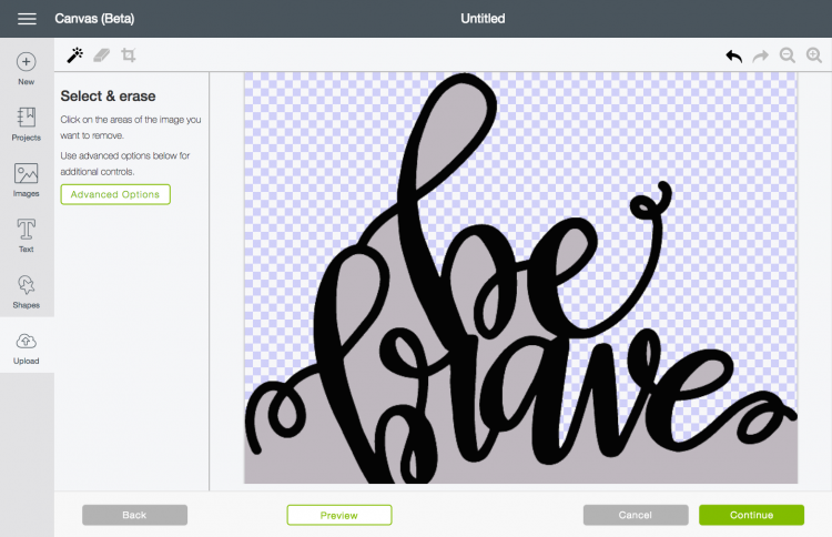 Screenshot of uploading a file in Cricut Desing Space using the Select and Erase feature