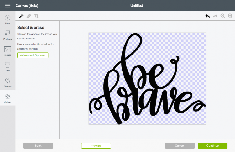 Screenshot of uploading a file in Cricut Desing Space using the Select and Erase feature