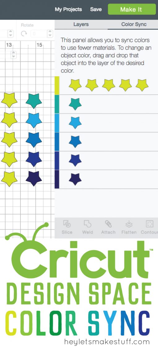 Image of the \"Color Sync\" tab in Cricut Design Space with advertising by HEYLETSMAKESTUFF.COM on How to Use Color Sync in Cricut Design Space