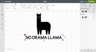 Image of a llama design in Cricut Design Space and text that says, "No Drama Llama"