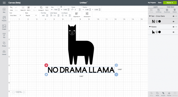 Image of a llama design in Cricut Design Space and text that says, \"No Drama Llama\"