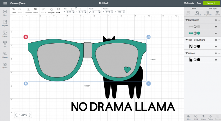 Image of a llama design in Cricut Design Space and text that says, \"No Drama Llama\" and an image of a pair of sunglasses