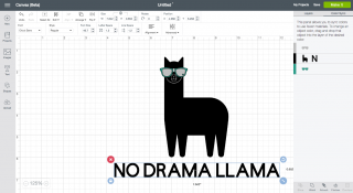 Design of a llama wearing sunglasses in Cricut Design Space and text that says, "No Drama Llama"