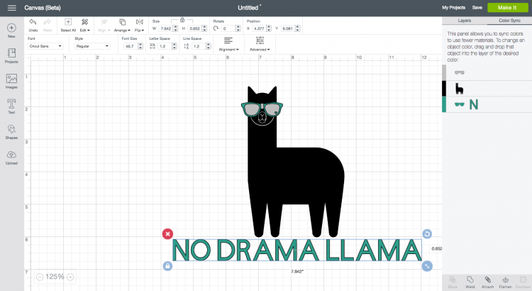 Design of a llama wearing sunglasses in Cricut Design Space and text that says, \"No Drama Llama\" 