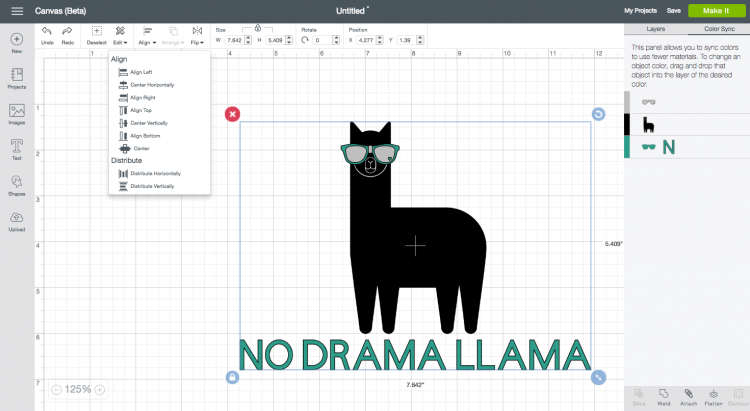 Design of a llama wearing sunglasses in Cricut Design Space and text that says, \"No Drama Llama\" 