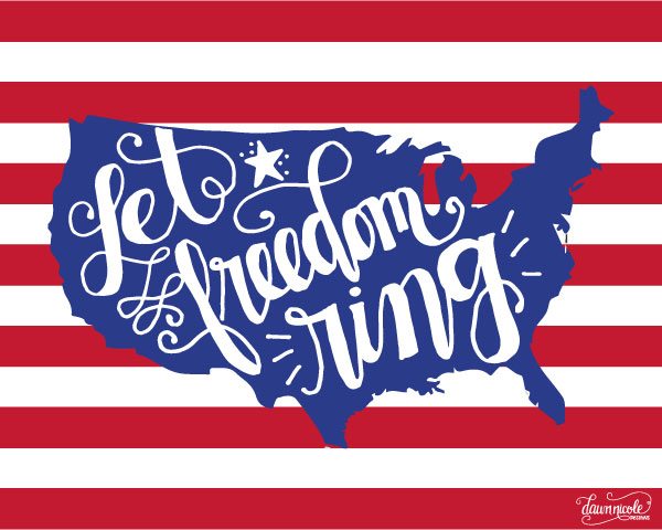 Blue image of the outline of the United Stated against a red and white background and within the outline of the US, it says, \"Let Freedom Ring\"