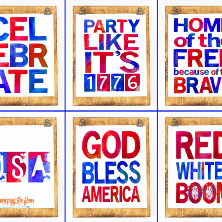 Close up of patriotic signs that say, "Celebrate", "Party Like it's 1776", "Home of the Free Because of the Brave", "USA", "God Bless America" and "Red, White and Boom"