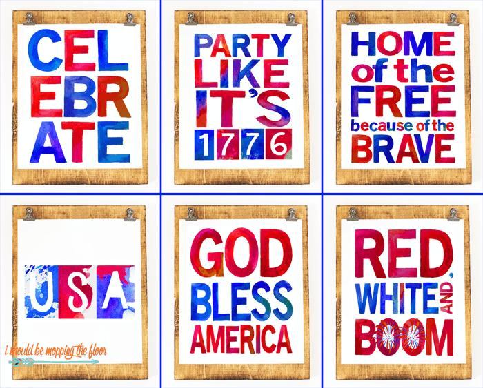 Close up of patriotic signs that say, \"Celebrate\", \"Party Like it\'s 1776\", \"Home of the Free Because of the Brave\", \"USA\", \"God Bless America\" and \"Red, White and Boom\"