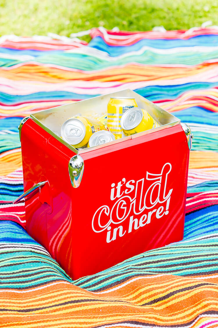 A red ice cooler sitting on top of a striped blanket and filled with beverages and a sign on the side of the cooler that says, \"It\'s Cold in Here!\"