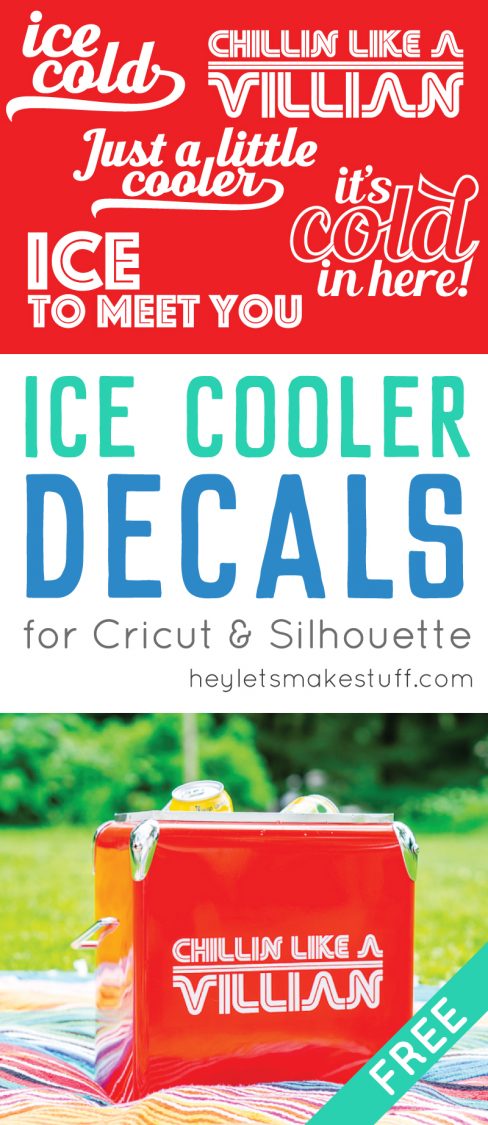 A red ice cooler sitting on top of a striped blanket and filled with beverages and a sign on the side of the cooler that says, \"It\'s Cold in Here!\" and other sayings for advertising ice cooer decals for Cricut and Silhouette by HEYLETSMAKESTUFF.COM