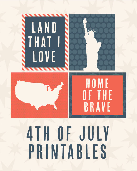 Four patriotic images, one of the Statue of Liberty, one with the outline of the USA, one that says, \"Land the I Love\" and the last one says, \"Home of the Brave\"
