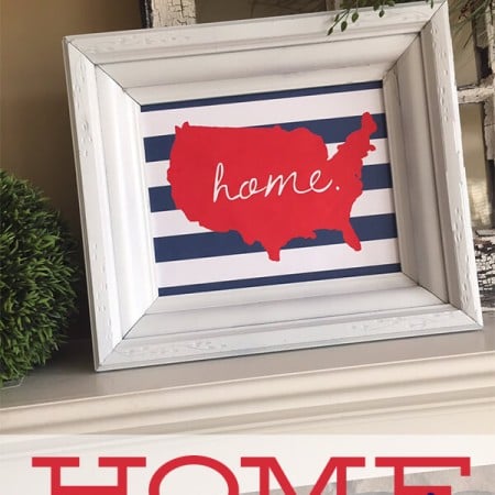 A white frame sitting on a mantel that has a blue and white striped background with a red outline of the USA on it and is says, "home." with advertising for a free home printable