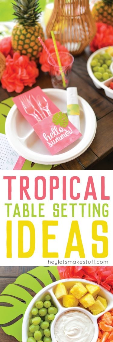 Table setting and image of fruit with advertising from HEYLESTMAKESTUFF.COM for tropical table setting ideas