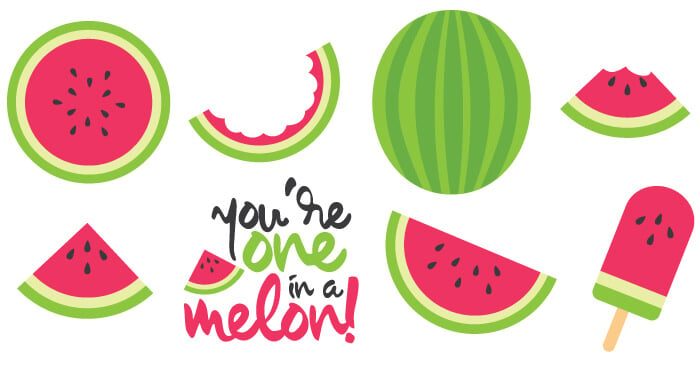 Several images of watermelon themed cut files including one with text that says, \"You\'re One in a Melon!\"