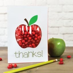 A green apple, a pencil and candy sitting on a table along with a card that says, "Thanks" and is decorated with an apple image and filled with red candy